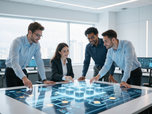 专业团队工作场景,展示AI工程师和技术人员在现代化办公环境中协作,蓝色背景,明亮自然光,多人围坐讨论技术方案